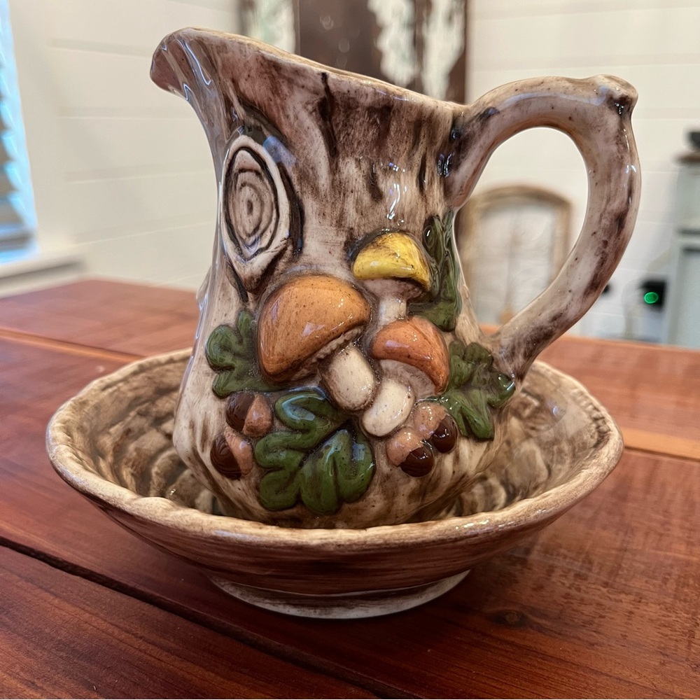 Vintage Byron Mold #708 Mushroom & Tree Bark Pitcher and Bowl Set
